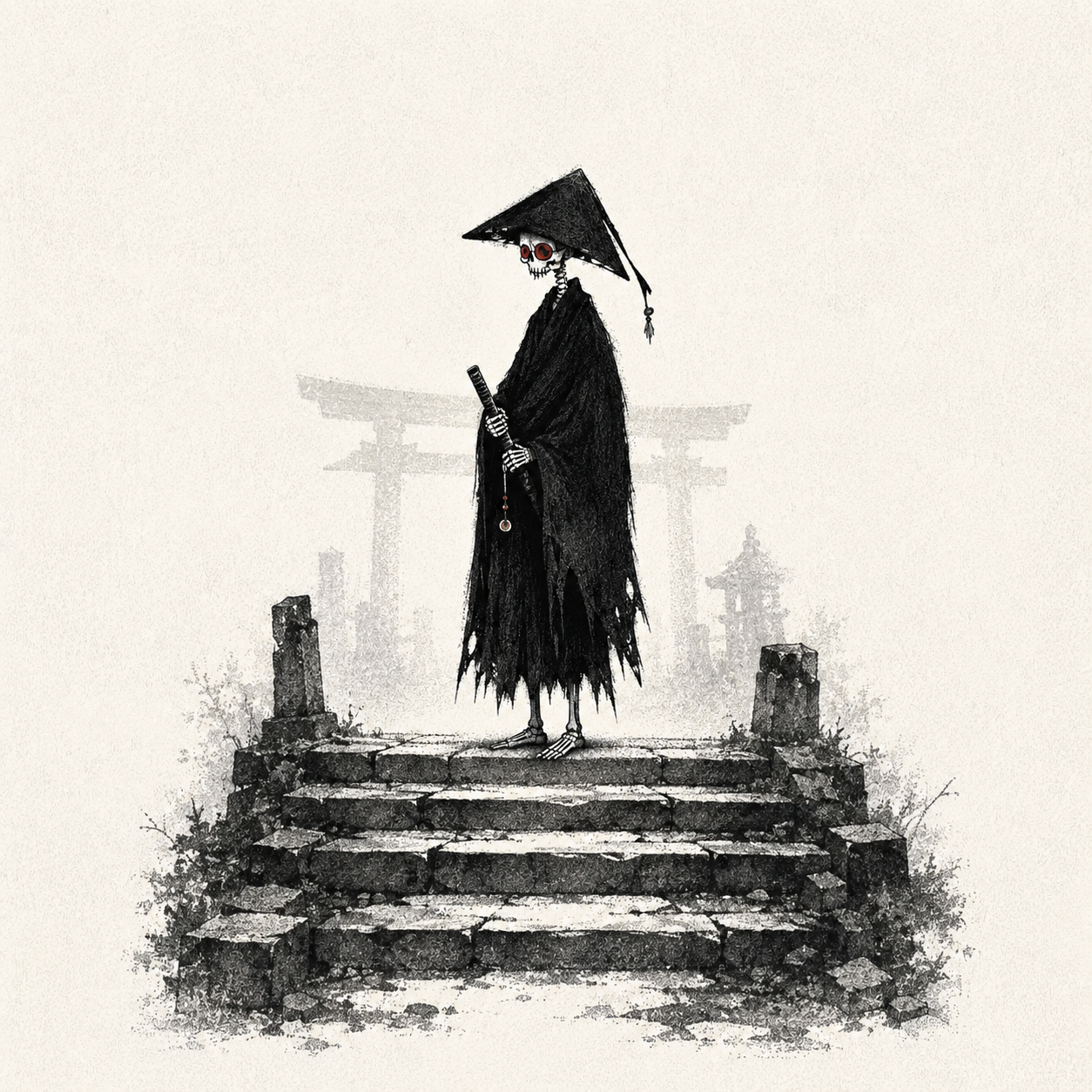 Mourn at ruined shrine steps