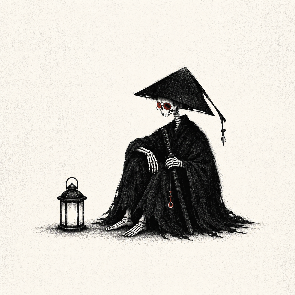 Mourn resting beside a small lantern